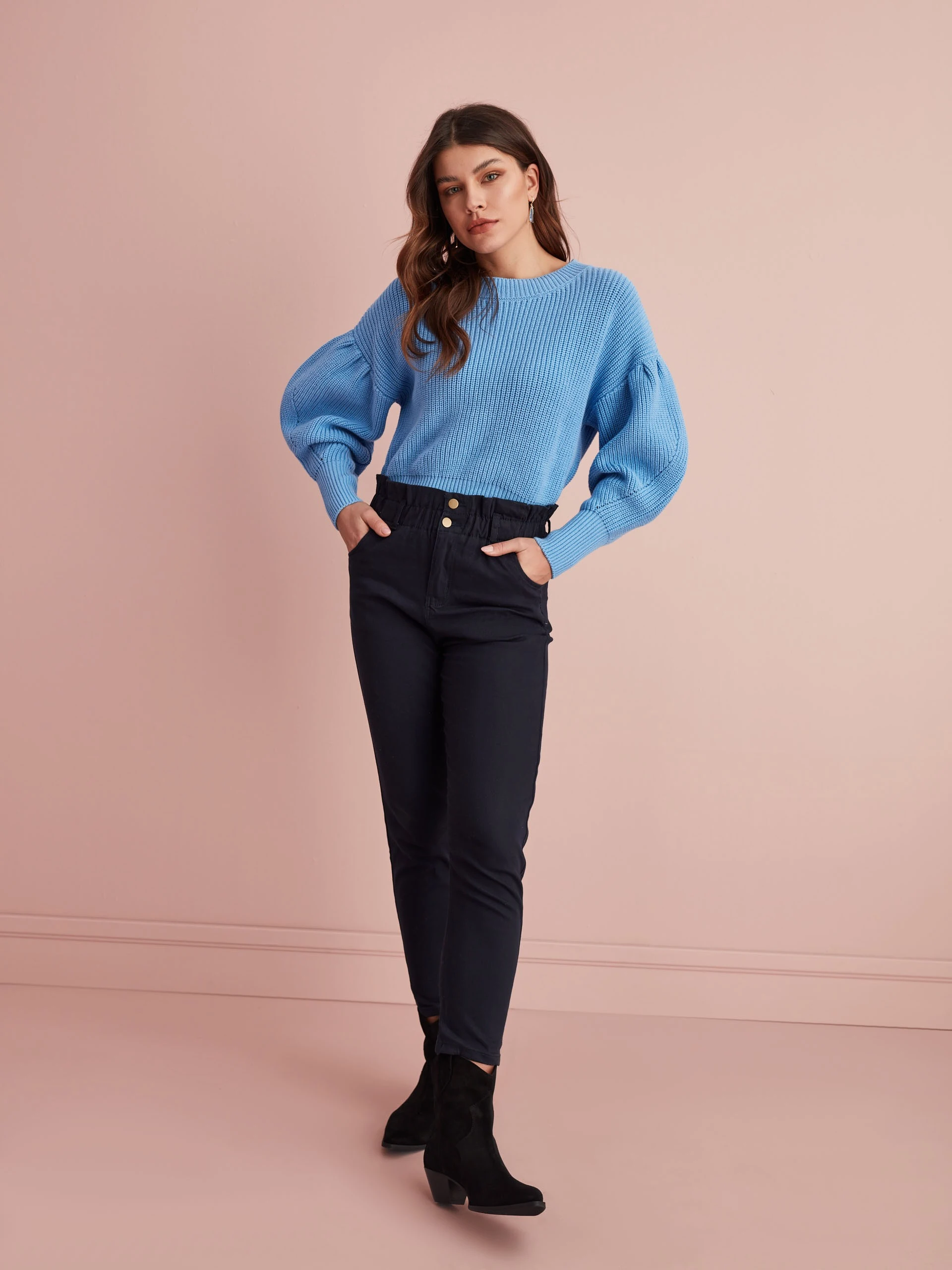 BLUE SWEATER WITH PUFF SLEEVES
