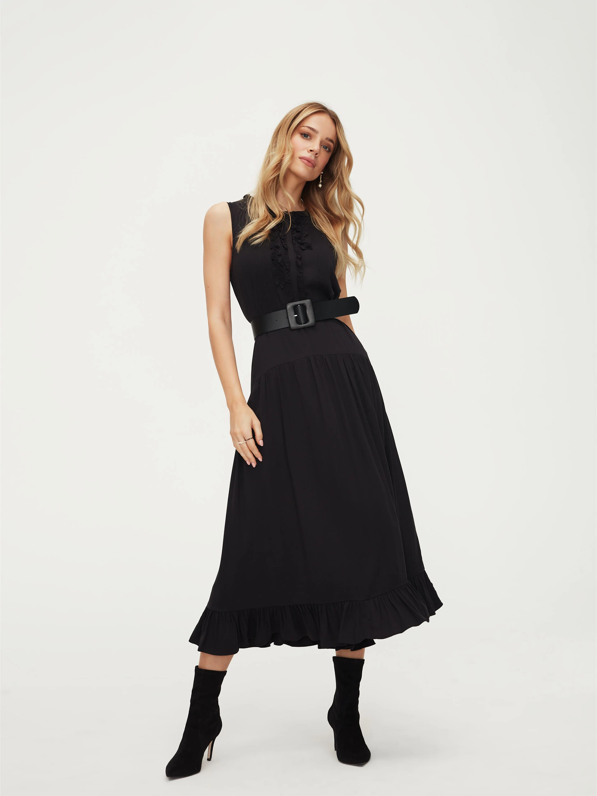 Black sleeveless midi dress with ruffle
