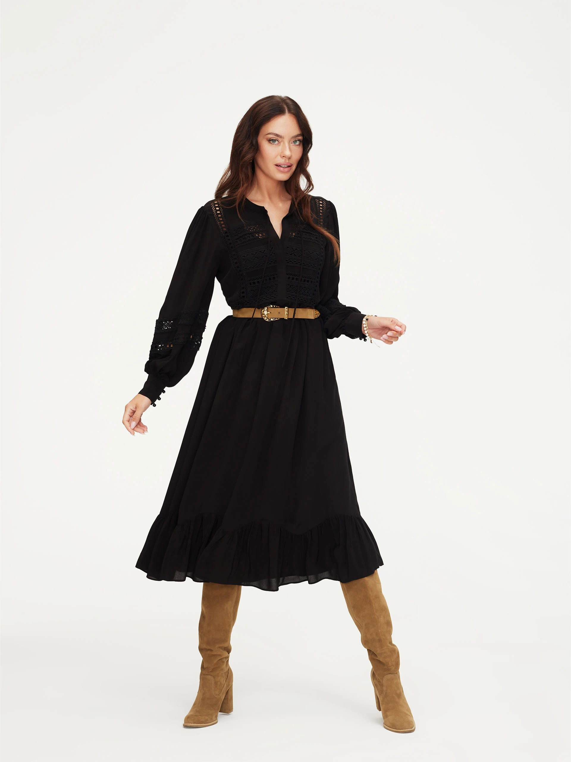 Black midi dress with openwork details