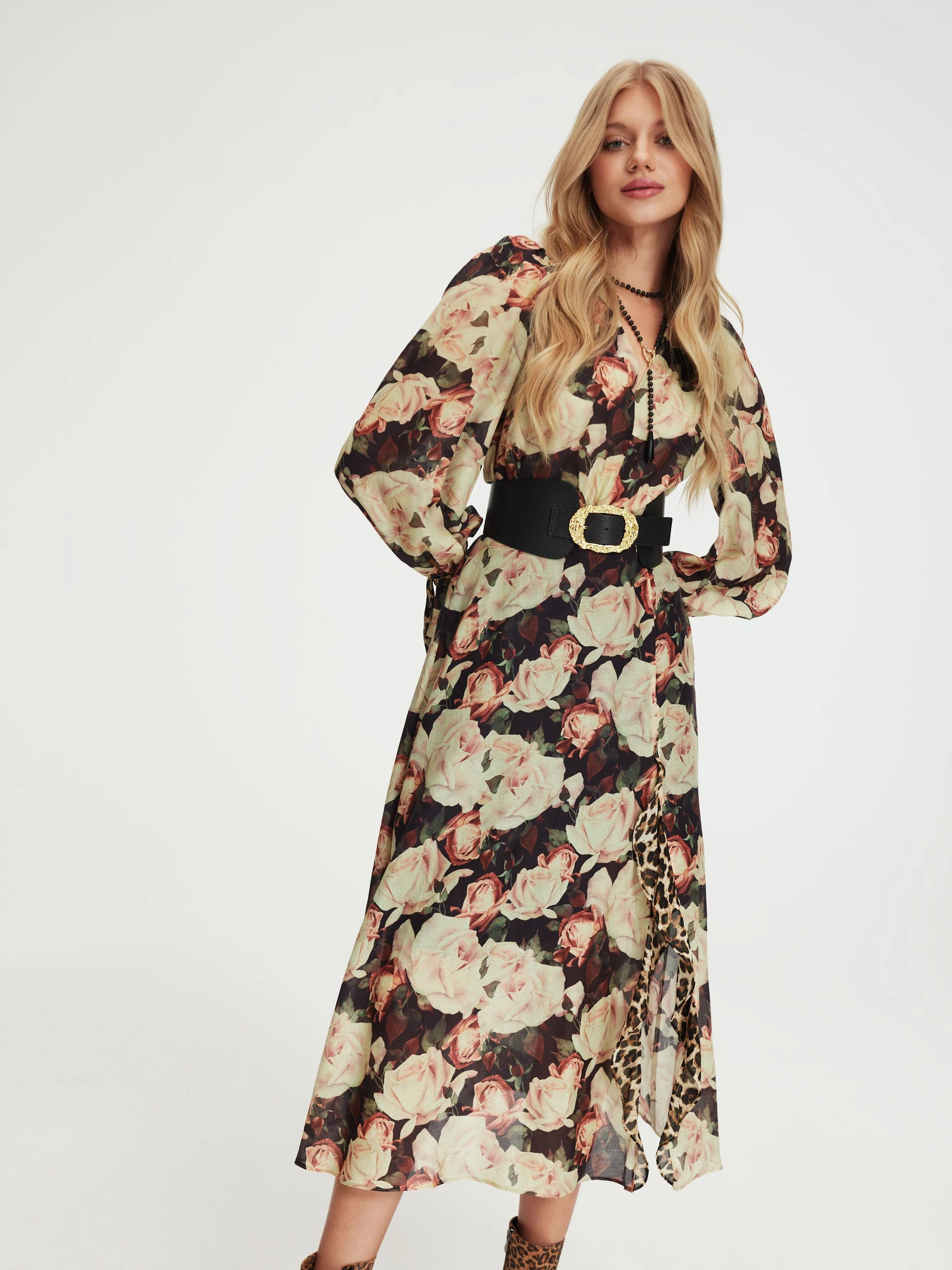 Silk dress with rose pattern