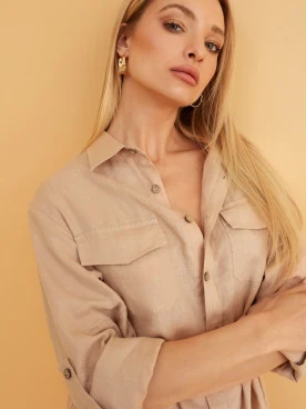 BEIGE LINEN SHIRT DRESS