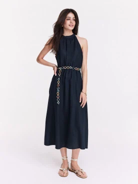 Navy blue linen midi dress