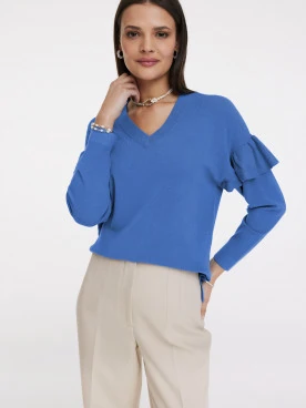 Chabrowy sweter z falbanami