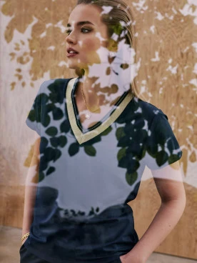 Navy blue blouse with piping and short sleeves