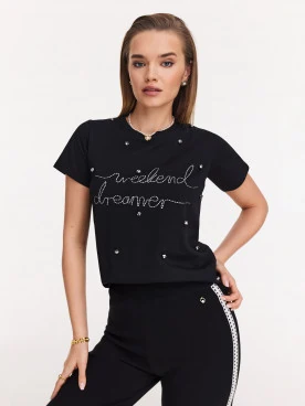 Cotton black blouse with short sleeves and lettering