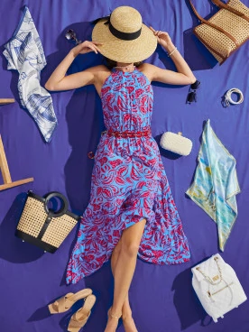 Long viscose dress with red pattern