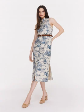 White knee-length dress with blue patterns