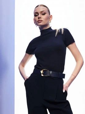 Navy blue viscose short sleeve sweater