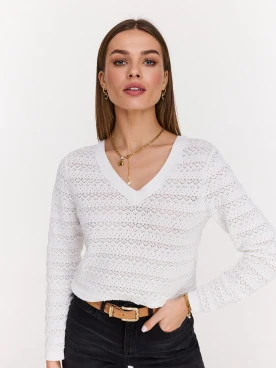 Openwork white sweater with V neckline