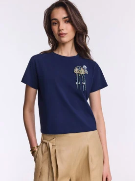 Navy blue cotton blouse with beaded brooches
