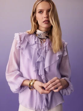 Lilac rayon blouse with puffed sleeves and jabot