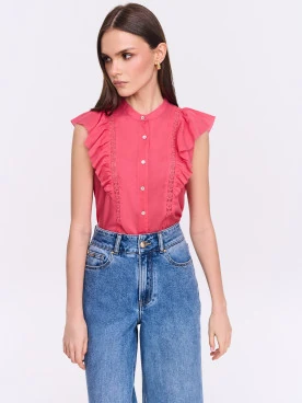 Coral button-down blouse with openwork embellishments and a stand-up collar