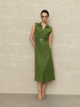 Olive-green midi-length shift dress