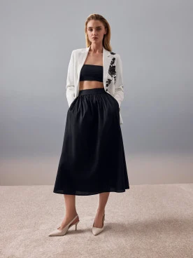 Black cotton high-waisted midi skirt