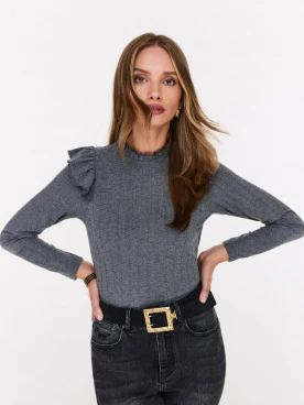 Grey blouse with jabot and stand-up collar