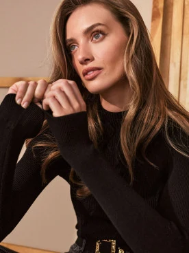 Black fitted sweater with half turtleneck