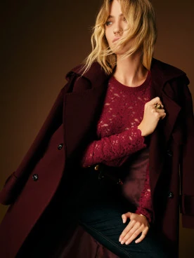 Burgundy openwork blouse with long sleeves
