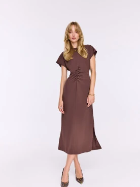 Fitted chocolate midi dress with ruffles