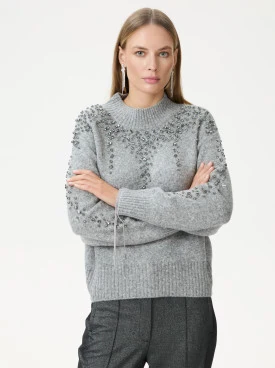 Gray wool sweater embroidered with crystals