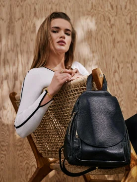 Black natural leather backpack