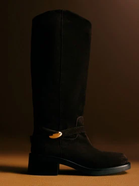 Czekoladowe zamszowe kozaki typu biker boots