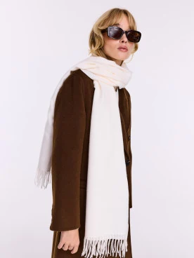 Creamy scarf with wool and cashmere fringe