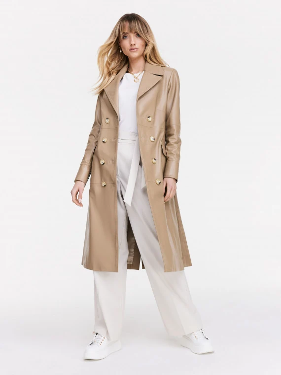Long leather coat in beige color