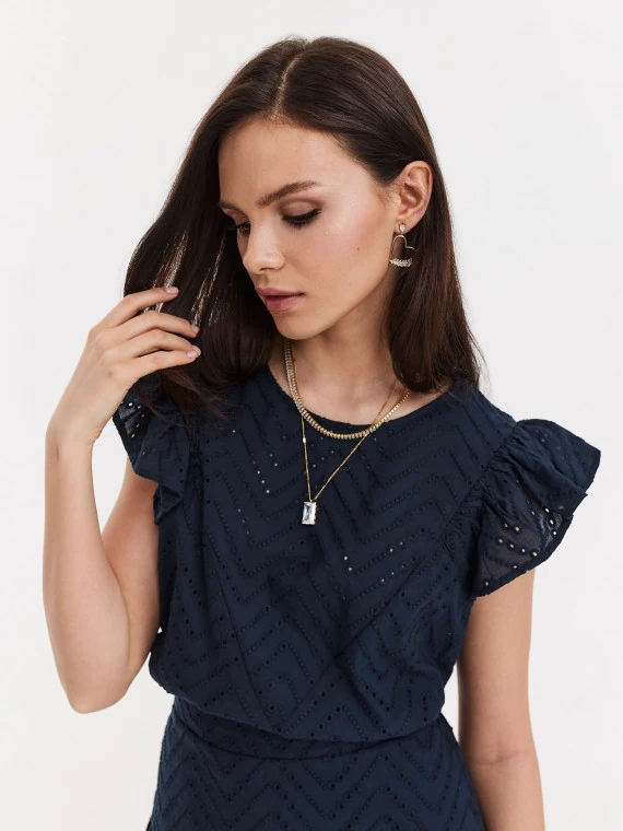 Navy blue cotton blouse with openwork inserts
