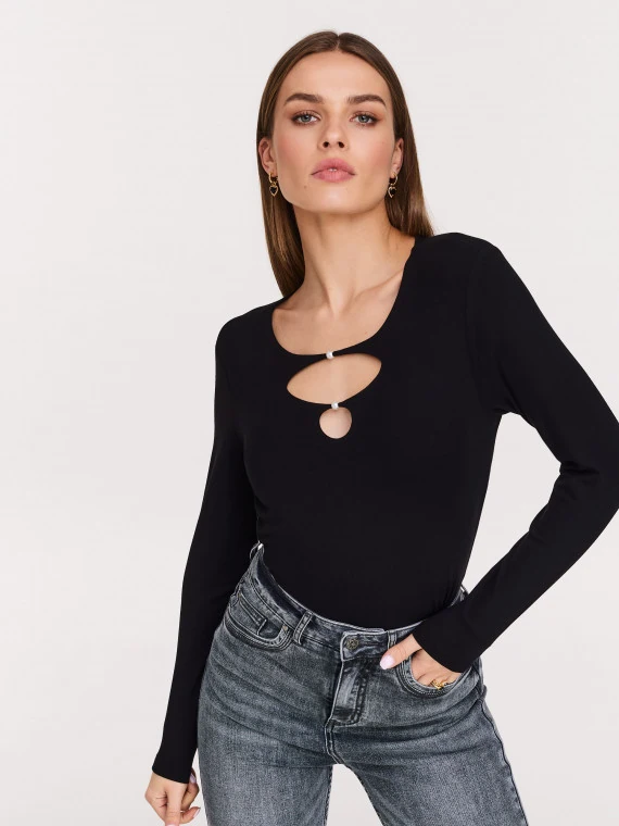 Fitted black blouse with front cutouts