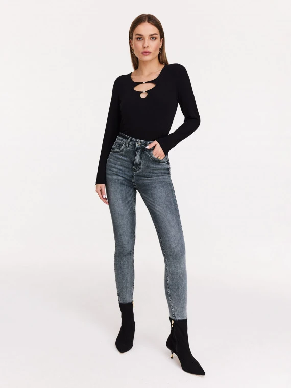 Fitted black blouse with front cutouts