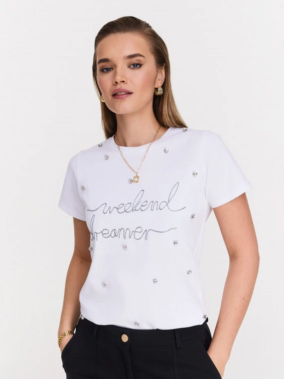 Cotton white blouse with short sleeves and lettering