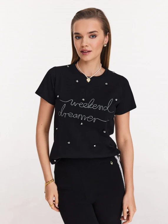 Cotton black blouse with short sleeves and lettering