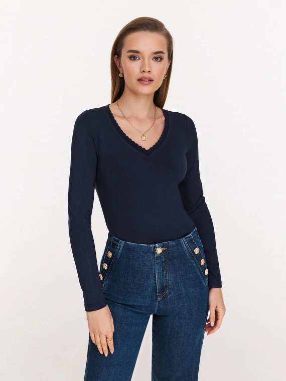 Navy blue rayon blouse with long sleeves