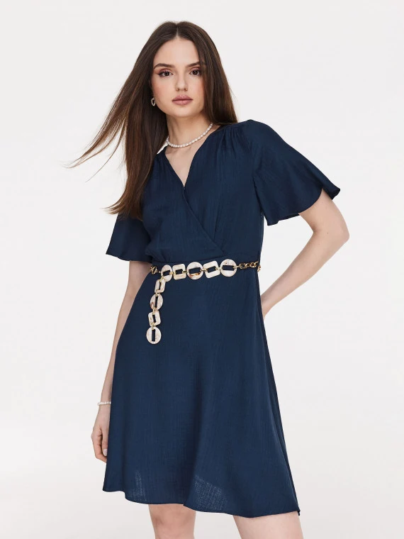 Navy blue elegant dress with envelope neckline