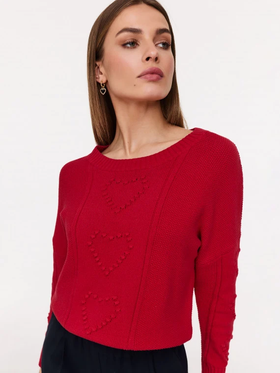 Cotton red sweater with embroidered hearts