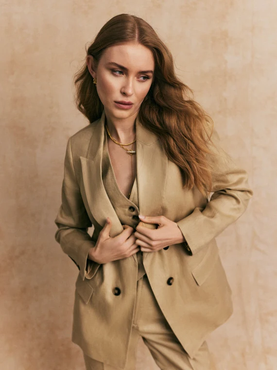 Caramel double-breasted linen jacket