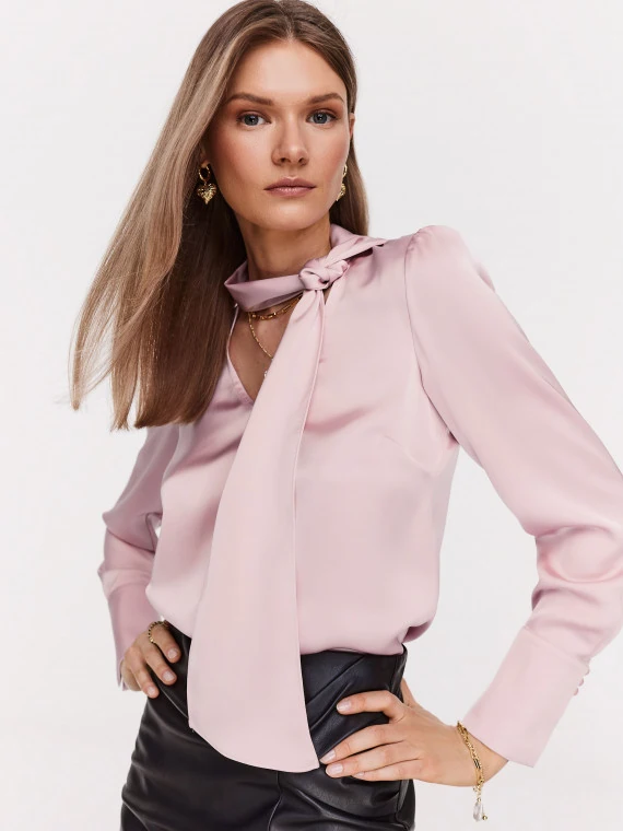 Pink satin blouse with neck ties