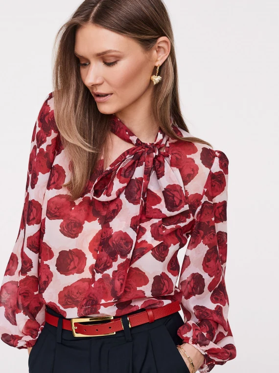 Blouse in red roses with neck tie