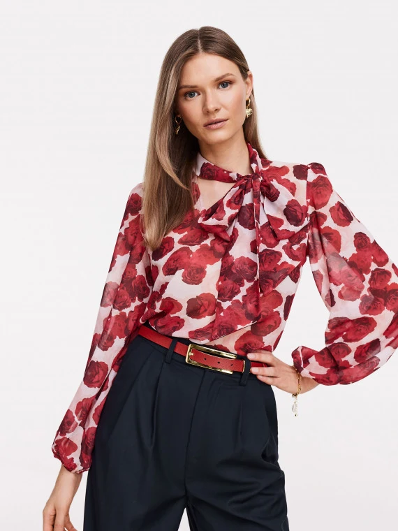 Blouse in red roses with neck tie