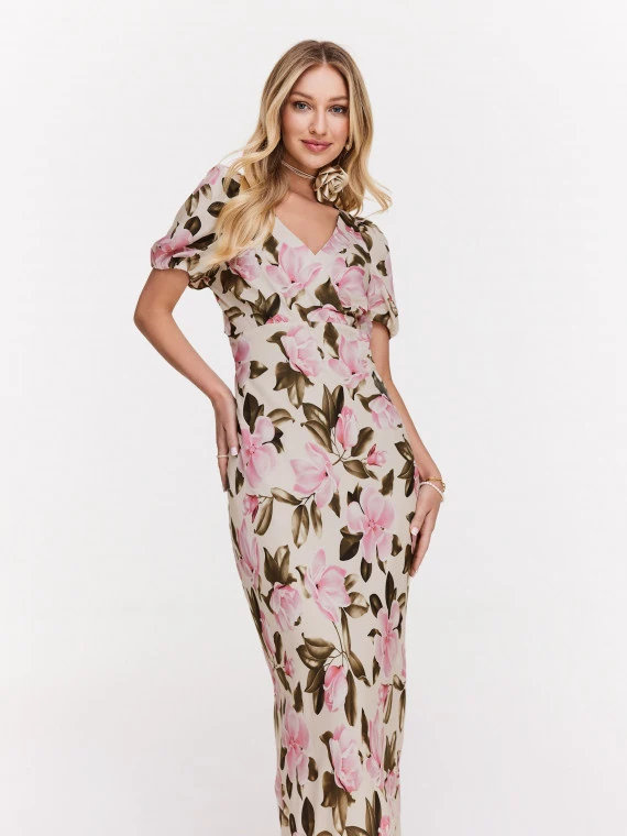 Long bright dress with pink flowers