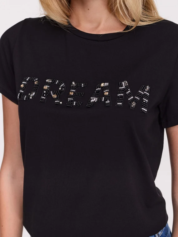 Black blouse with short sleeves and inscription