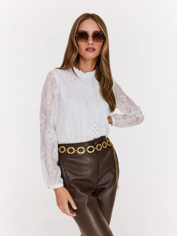 White blouse with stand-up collar and lace inserts