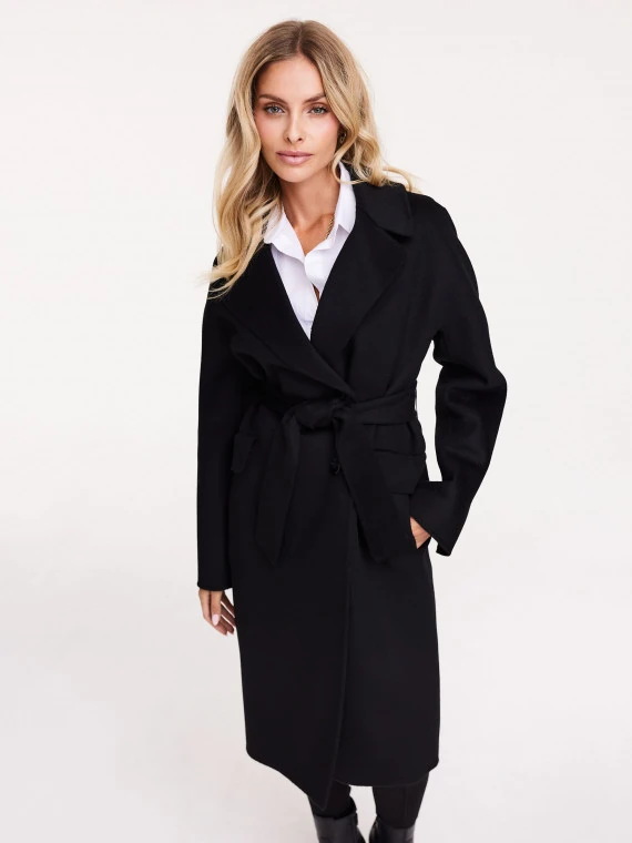 Wool black coat with a robe cut
