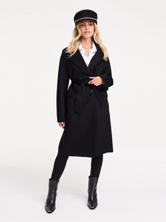 Wool black coat with a robe cut