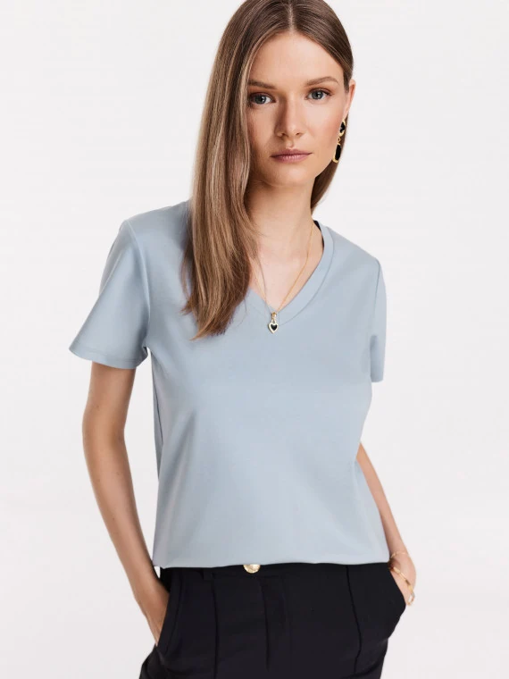 Blue short sleeve blouse with silk blend