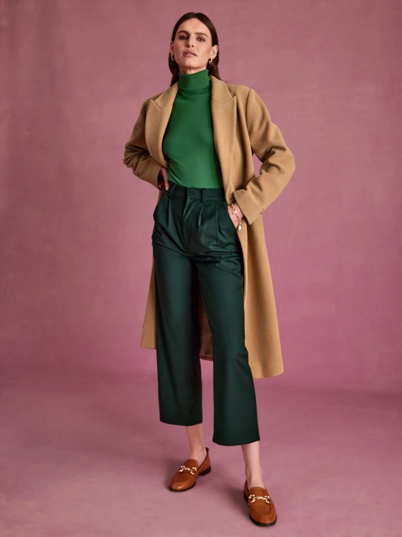 Dark green culotte pants with wide legs