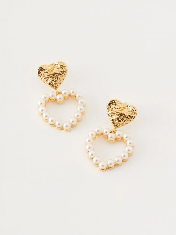 Copper heart earrings with artificial pearls
