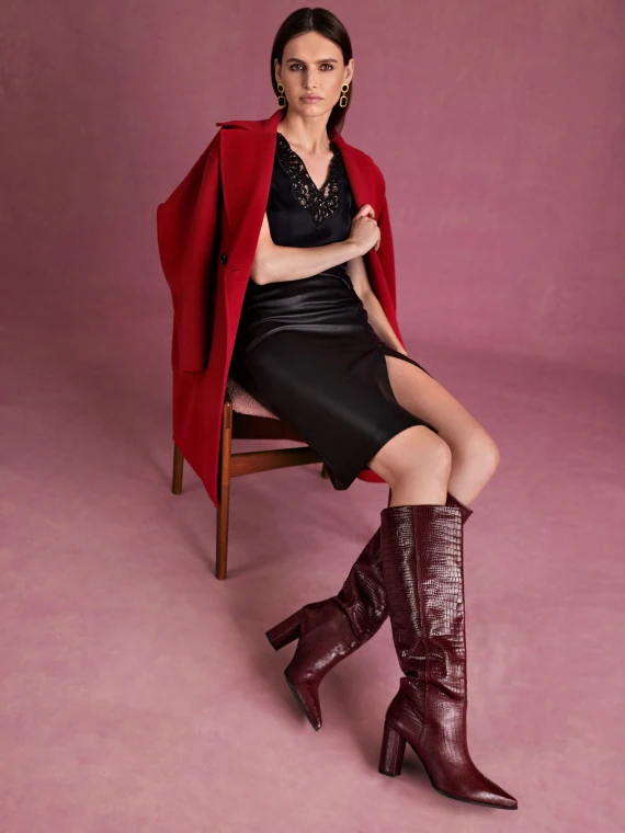 Maroon animal-textured leather boots