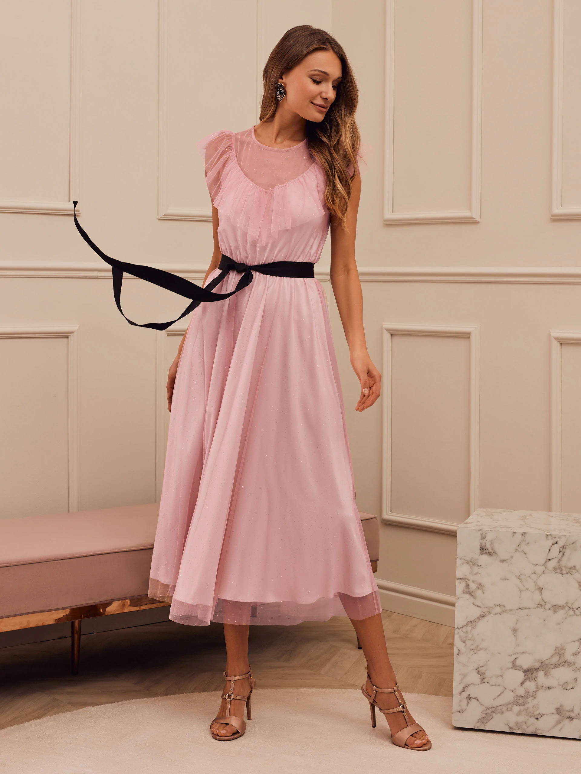 PINK DRESS WITH BLACK SASH
