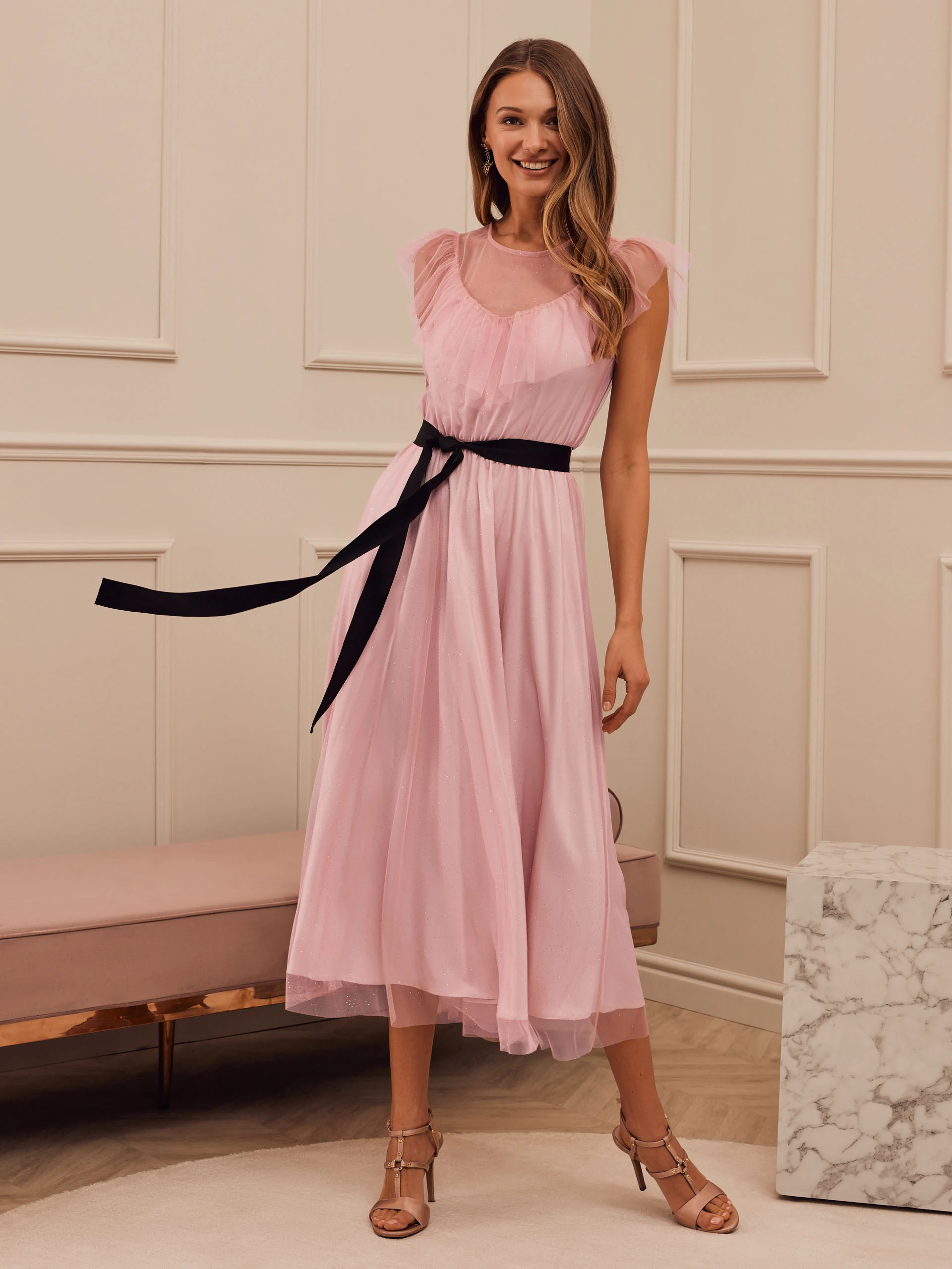 PINK DRESS WITH BLACK SASH